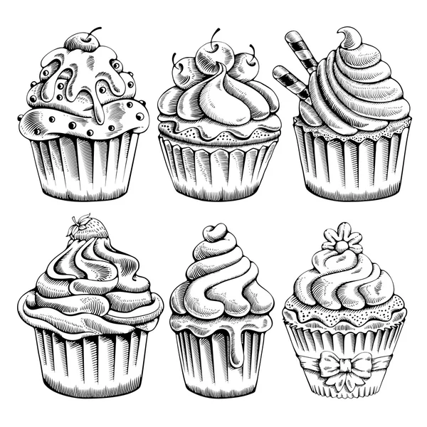 Set van hand getrokken cupcakes — Stockvector