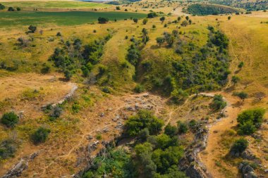 Kazakistan 'ın güneyindeki Türkistan bölgesinde Mashat-Daubaba Dağları. Daubaba Gorge hava gözlem dronu. Sarı bozkır ve yeşil orman dokusu.