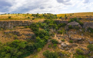 Kazakistan 'ın güneyindeki Türkistan bölgesinde Mashat-Daubaba Dağları. Daubaba Gorge hava gözlem dronu. Sarı bozkır ve yeşil orman dokusu.
