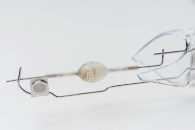 Beyaz arka planda kırık bir halojen lamba. Kırık bir ampulün içindeki akkor boşaltımı tüpü. Ampul ayrıntıları yakın plan