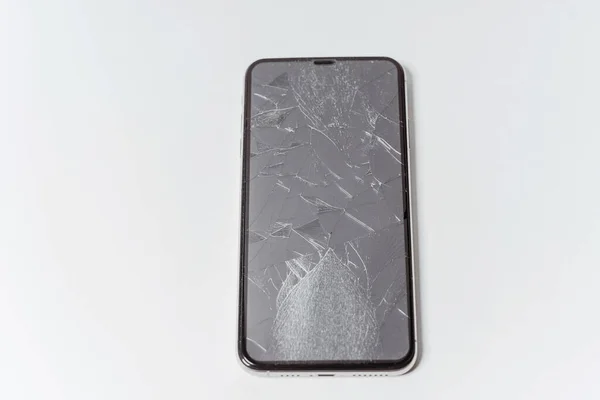 Broken Protective Tempered Glass Smartphone Smartphone Broken Screen Cracked Front — Stock Photo, Image