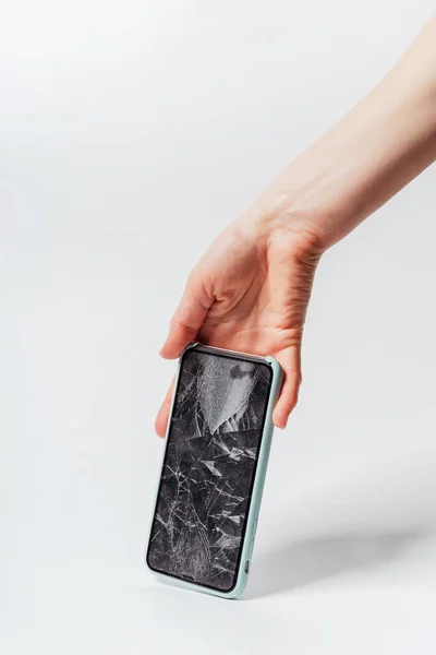 Smartphone Broken Screen Woman Hand White Background Crash Protective Tempered — Stock Photo, Image