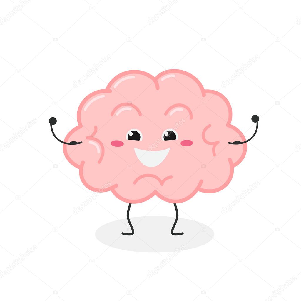 Cheerful strong cartoon brain character vector illustration