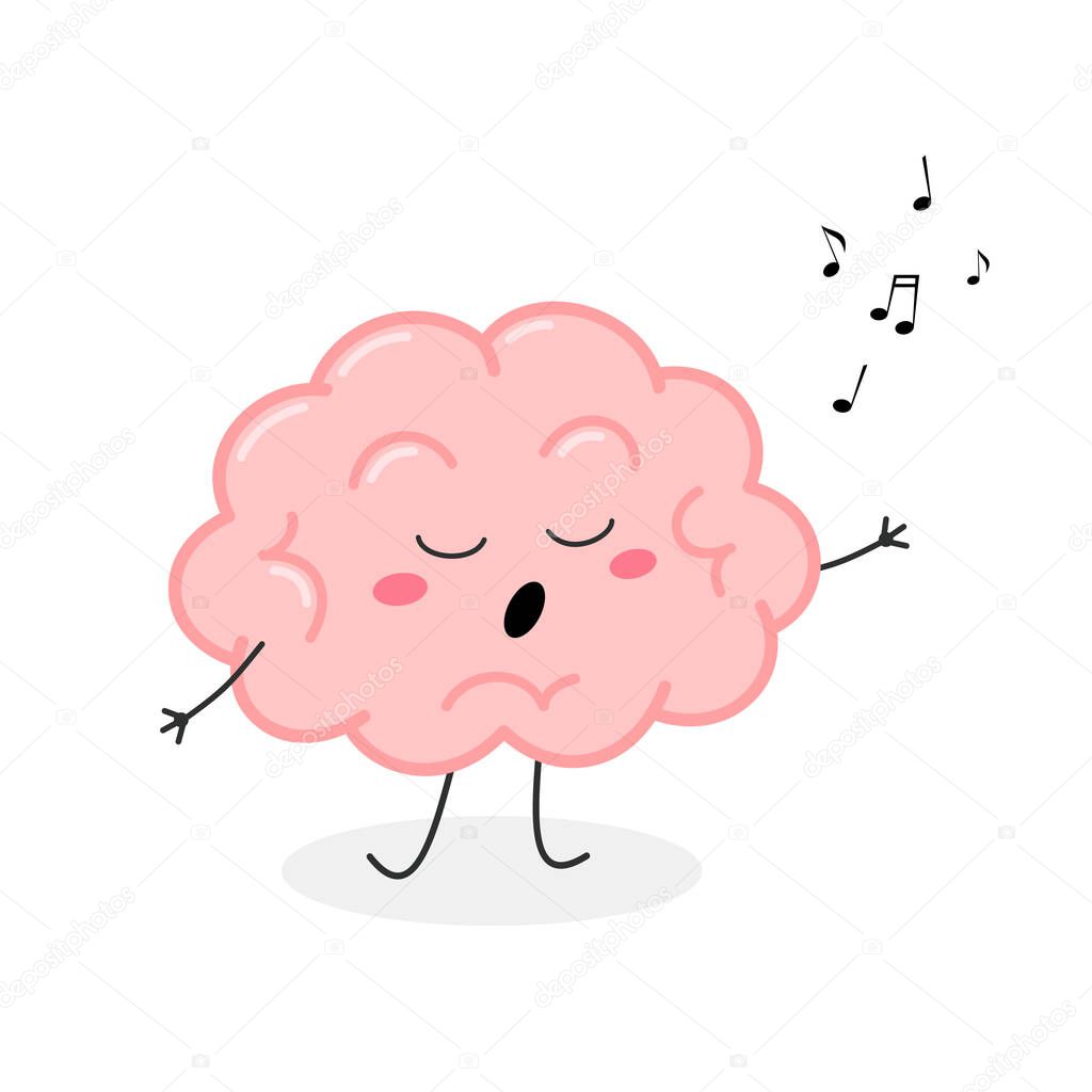 Cute cartoon singing brain character vector illustration