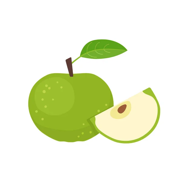 Green apple fruit with slice flat design — Stock Vector