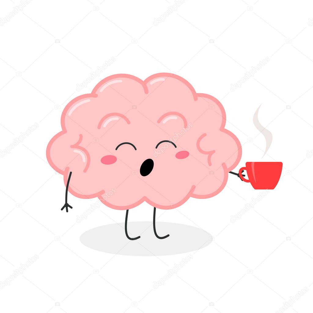 Yawning brain character with cup of coffee