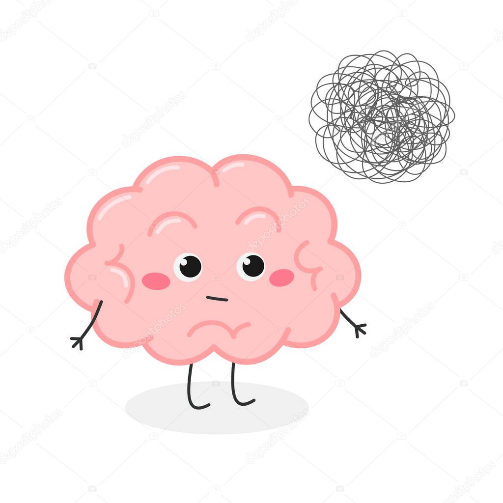 Cartoon brain with tangle of messy thoughts