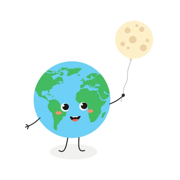 Mignon dessin animé planète Terre avec ballon de lune — Image vectorielle