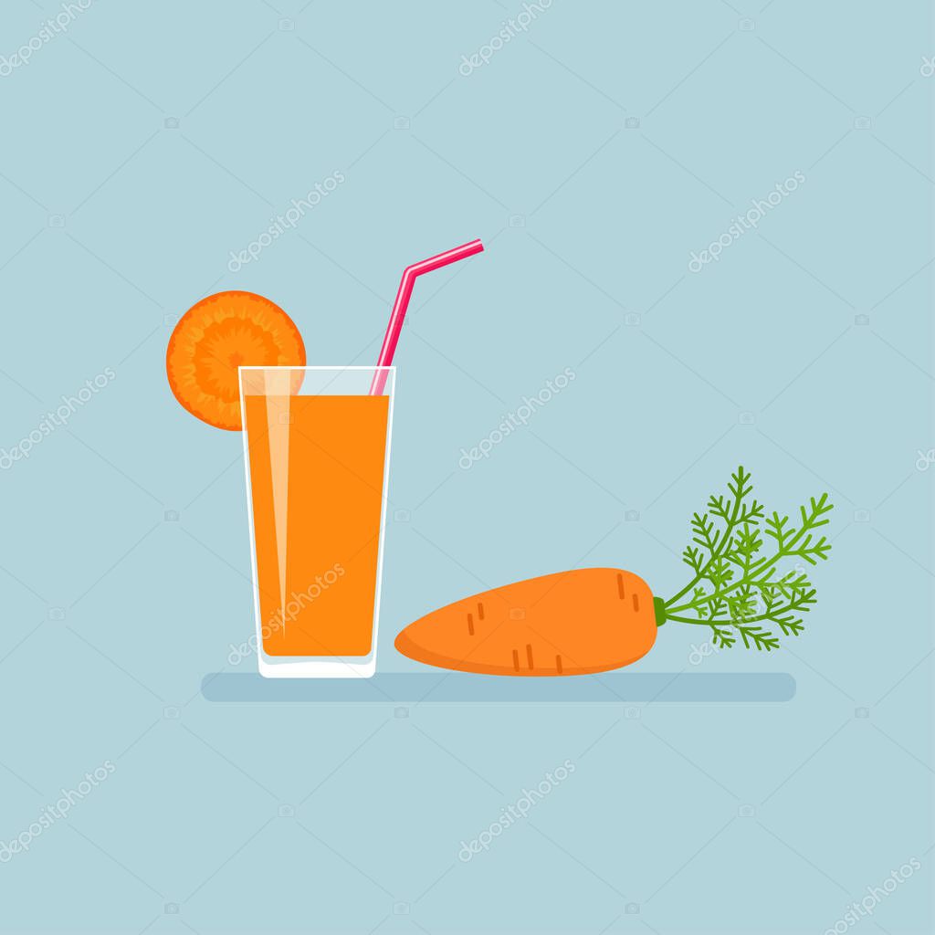 Fresh carrot juice in a glass and carrot vegetable. Vector flat illustration isolated on blue background