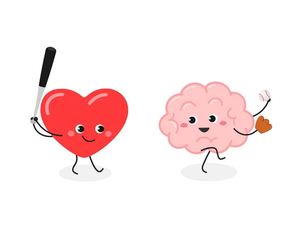 Мультфільм серце і мозок грають у бейсбол — стоковий вектор