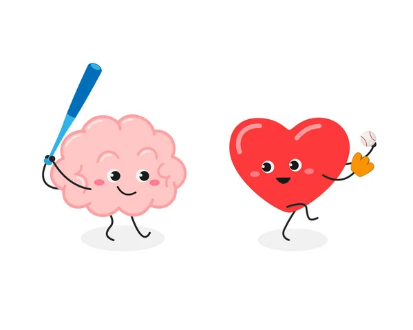 Мультяшний мозок і серце грають у бейсбол — стоковий вектор