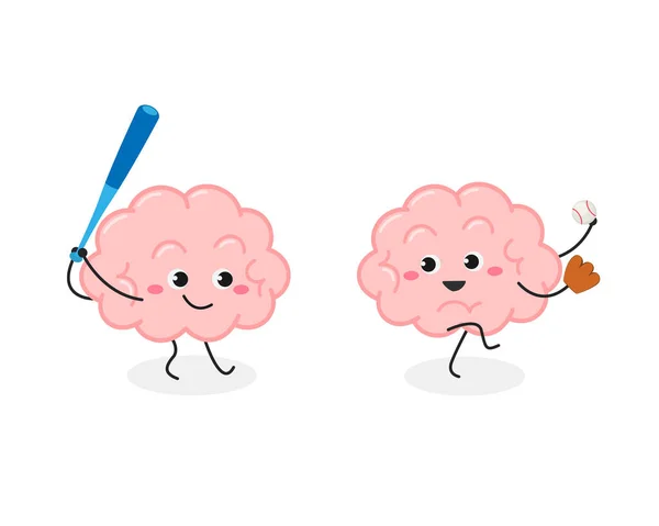 Grappige cartoon menselijke hersenen spelen honkbal spel — Stockvector