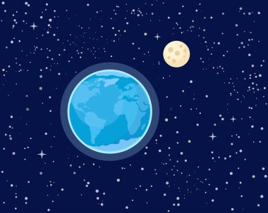 Gece vakti Dünya ve Ay yıldızlı gökyüzünde