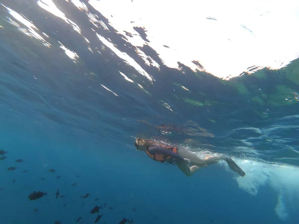 Силуэт аквалангиста и солнечный свет в голубой воде — стоковое фото