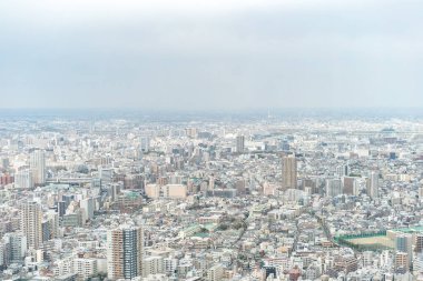 Tokyo, Japonya - 28 Mart 2019: Tokyo, Japonya 'da Ikebukuro' nun panoramik modern şehir gökyüzü manzaralı emlak ve şirket inşaatı için Asya iş konsepti