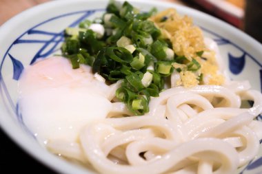 Yumurtalı udon noodle ve yeşil soğan, udon Japon yemeği.