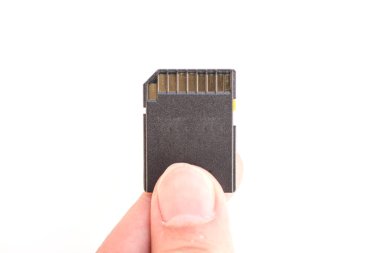 Erkek el, SD hafıza kartını tutuyor. Beyaz arkaplanda izole