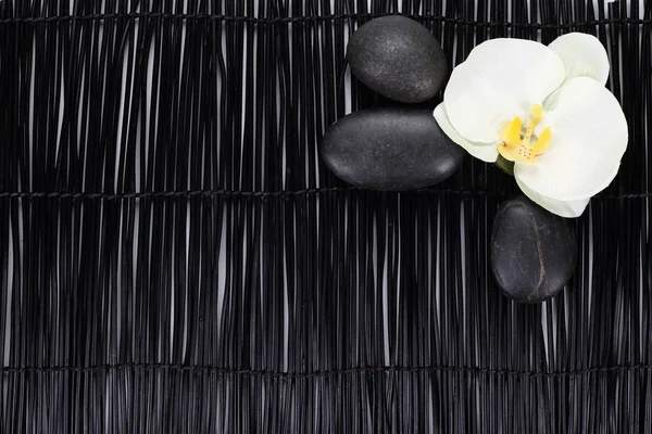 用禅宗石头在黑色背景上的白色兰花 — 图库照片
