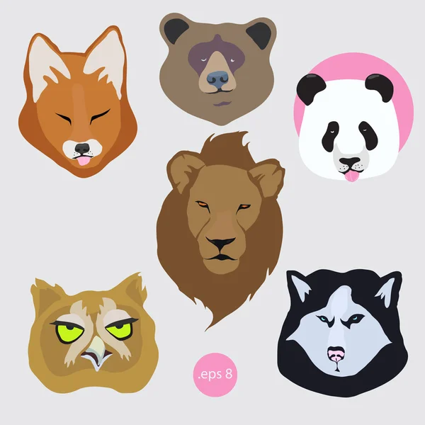 Stickers set of vector images of bored tired animal: panda, bear, fox, dog Husky, lion, owl. — Stock Vector