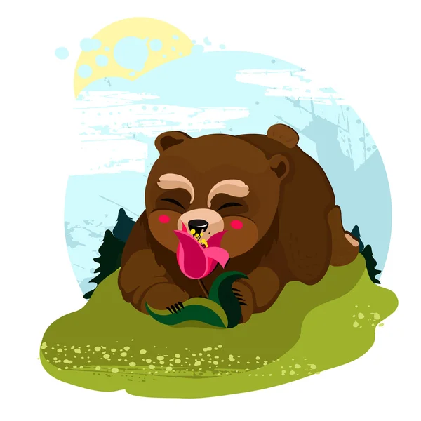 Ευτυχισμένος αρκουδάκι μυρίζοντας ένα λουλούδι — Διανυσματικό Αρχείο