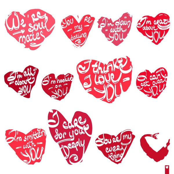 Beautiful set of hearts with the different declarations of love — Stock Vector