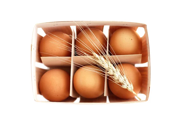 Fresh eggs with ear of wheat top view — Stock Photo, Image