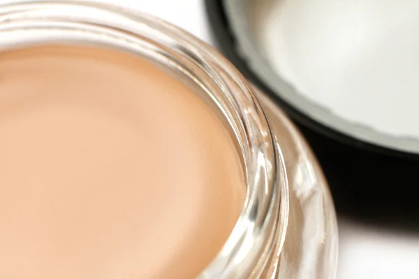 Tonal cream in glass jar fragment close-up — Stock Photo, Image