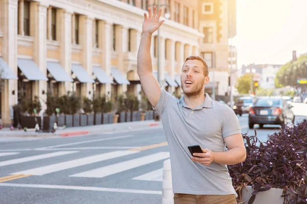 Caucasian Man Excited Sees His Ride Share Arriving Urban Outdoors — Stock Photo, Image