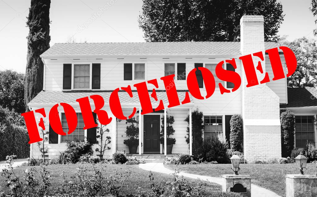 Beautiful All American Home Pictured in Black and White with Words Stenciled In Foreclosed - Concept Loss of Home
