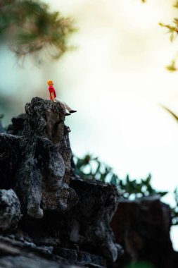 Minyatür insanlar, genç adam doğal ışıkla bir kayanın üzerinde oturuyor.