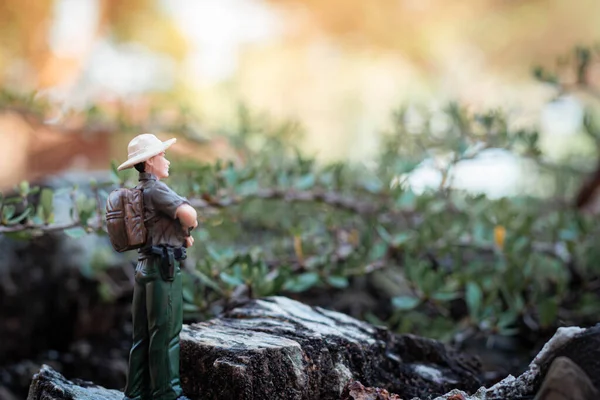 Figura Miniatura Explorador Masculino Para Mirando Paisaje Naturaleza Que Rodea —  Fotos de Stock