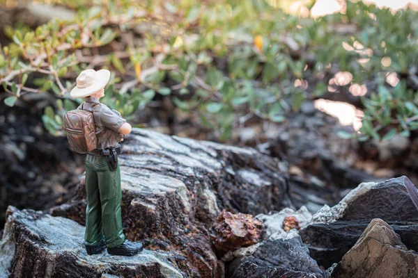 Figura Miniatura Explorador Masculino Para Mirando Paisaje Naturaleza Que Rodea —  Fotos de Stock