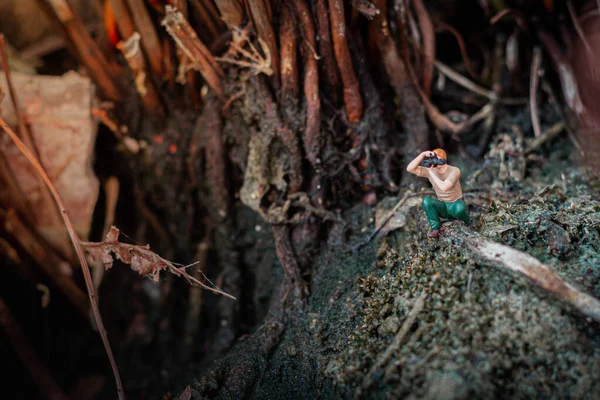 Miniatura Fotógrafo Tomando Una Foto Naturaleza Bosque Tropical —  Fotos de Stock