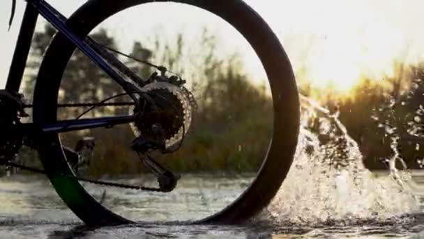 Agua salpicando de una rueda de bicicleta. Cámara lenta, primer plano, ángulo bajo, destello solar — Vídeos de Stock