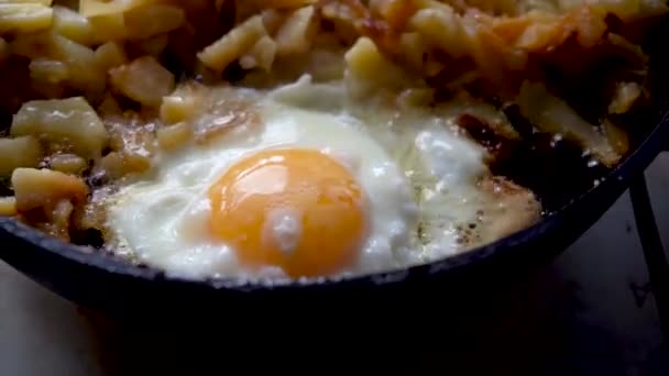 Œufs et pommes de terre dans une poêle à frire à l'huile. Gros plan. Concept de nutrition — Video