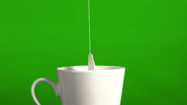 Tea bag in a white ceramic mug. Isolated on a green background. By dipping a tea bag into a white cup of hot water, after brewing, the tea bag is removed from the cup — Stock Video