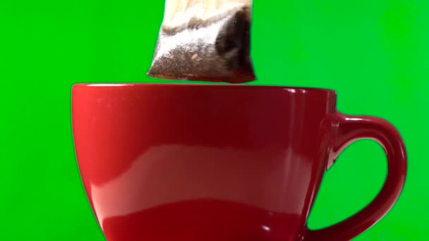 Sacchetto di tè bagnato sopra tazza di ceramica rossa isolata su sfondo verde — Video Stock