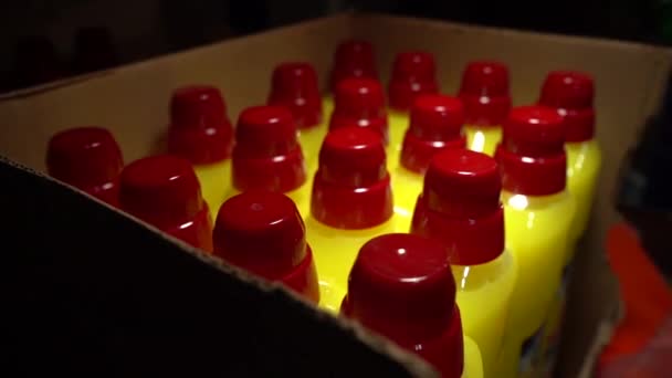 Cosmetic spray packaging at a store warehouse. Wholesale trade in lotions, cosmetics for hygiene. selective focus — Stock Video