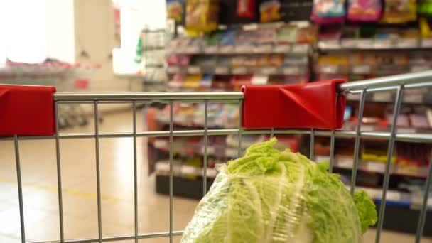 Um carrinho de supermercado num supermercado desce o corredor entre as prateleiras. Vista interior do carrinho — Vídeo de Stock