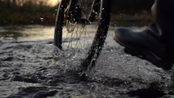 Atravesse um pequeno rio de montanha em uma bicicleta de montanha nos raios do sol poente. — Vídeo de Stock