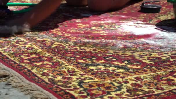 Kobieta szczotkuje brudny dywan na ulicy, na podwórku domu blisko. Wypłukać czystą wodą. Dużo piany z proszku. Zbliżenie mycie dywanu. Szczotka czyści dywan — Wideo stockowe