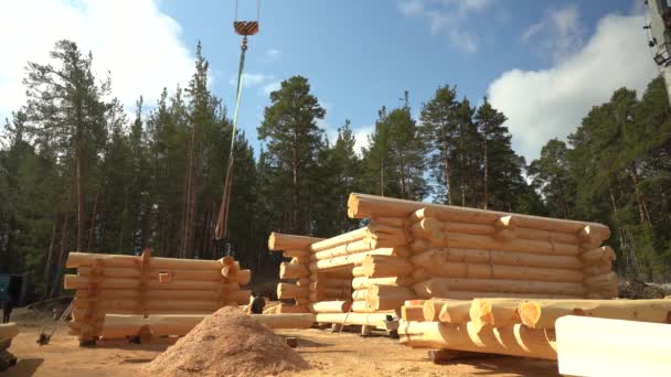 Assemblage d'une maison en bois rond à une base de construction — Video