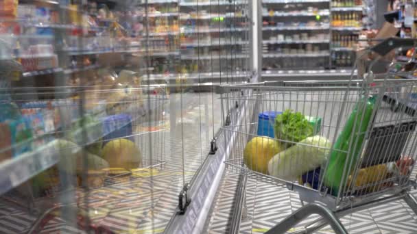 Un fantasma invisible en el supermercado abre la puerta del refrigerador de vidrio. Carro de la tienda de comestibles con comestibles junto a refrigeradores — Vídeo de stock
