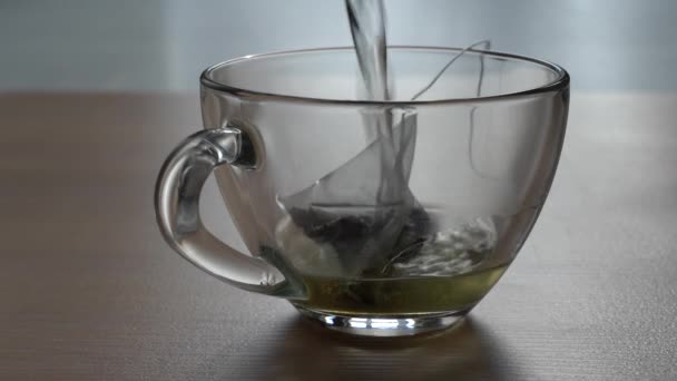 Verser de l'eau bouillante sur une tasse transparente avec un sachet de thé vert. Préparation d'une boisson aromatique. Le Glass Fogs Up. Gros plan — Video