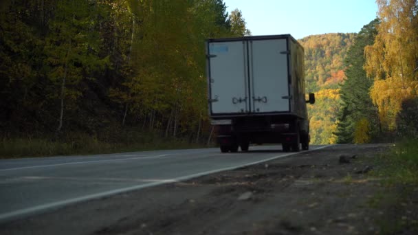 Un camión de comestibles conduce a lo largo de un camino de bosque montañoso — Vídeo de stock