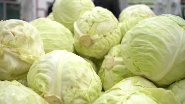 Varza albă proaspătă este vândută într-un supermarket de legume — Videoclip de stoc