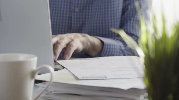 Männliche Hände arbeiten an einem Laptop. Im Vordergrund steht ein Kaffeebecher, eine Zimmerpflanze und ein Bündel Geschäftspapiere — Stockvideo