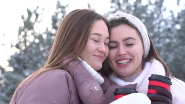 Porträtt av två glada tjejer i en snöig park en kylig vinterdag. Flickor går på en kall solig dag med varmt kaffe — Stockvideo