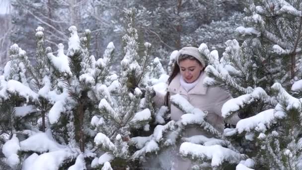 Belle jeune femme dans une forêt enneigée. — Video