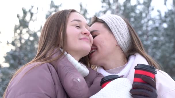 Porträtt av två glada tjejer i en snöig park en kylig vinterdag. Flickor går på en kall solig dag med varmt kaffe — Stockvideo